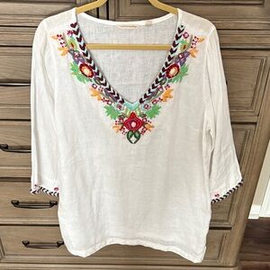 Soft Surroundings White Blouse with Multicolor Embroidery